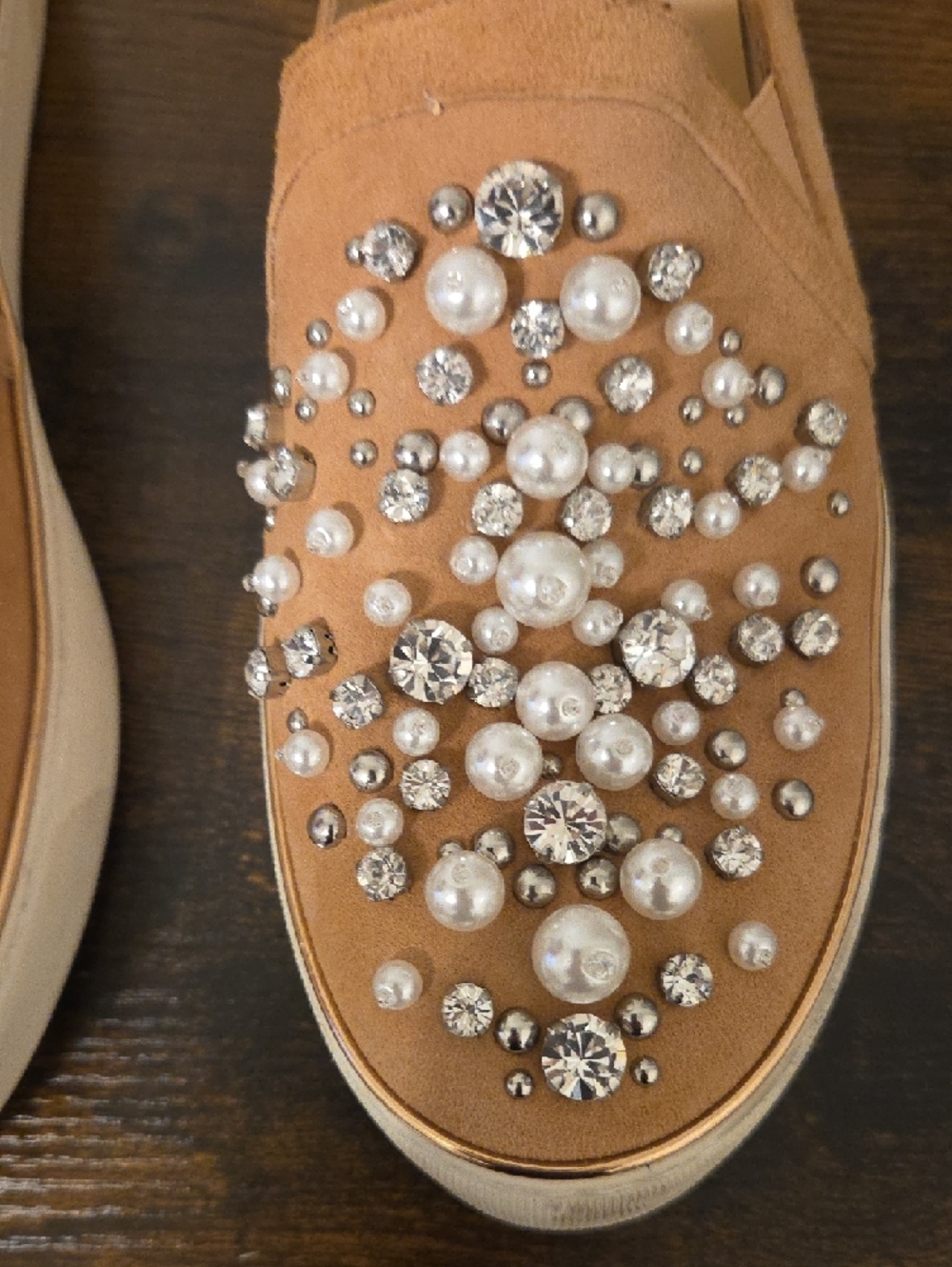 Stuart Weitzman Tan Crystal & Pearl Embellished Slip-On Loafers - Picture 3 of 10